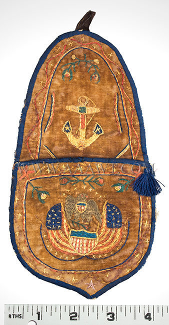 Antique Embroidered Wall Pocket, US Navy, Circa 1810 to 1830, with ruler for scale